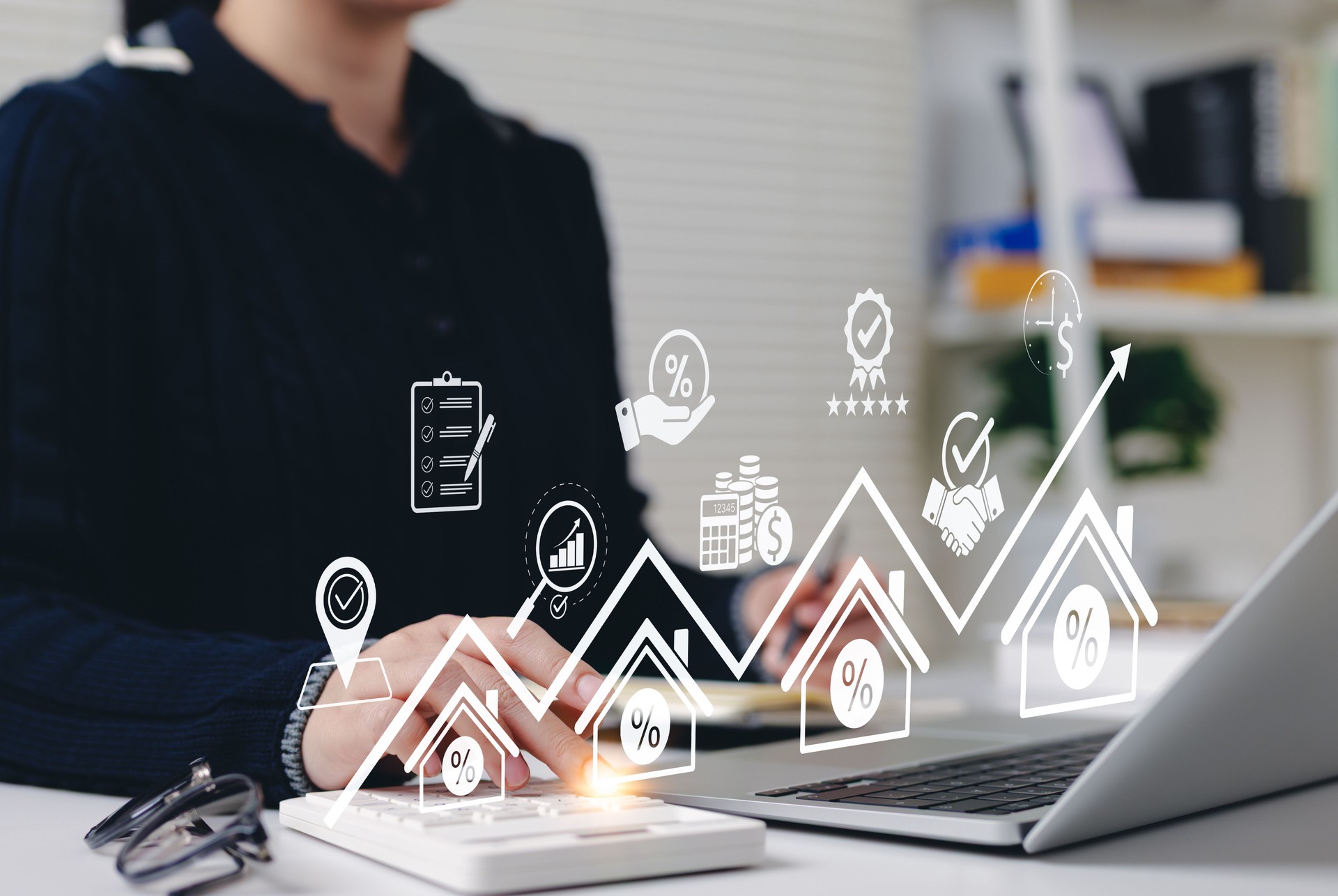 Real estate investment and market growth concept. Analysis of real estate market growth trend. graph show rising house price, interest rate, property mortgage, loan home, and investment opportunities.