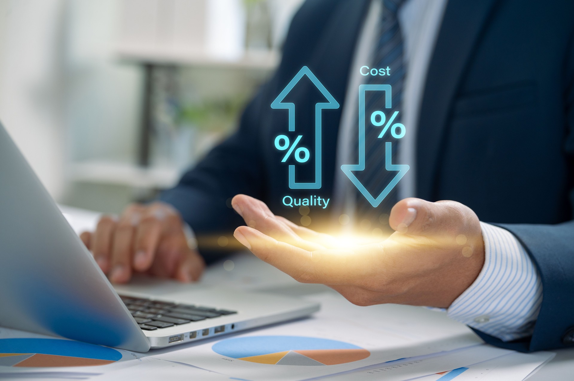 Cost and Quality Balance, businessman holds a glowing icon showing cost reduction and quality improvement percentages, emphasizing financial strategy and performance analysis.