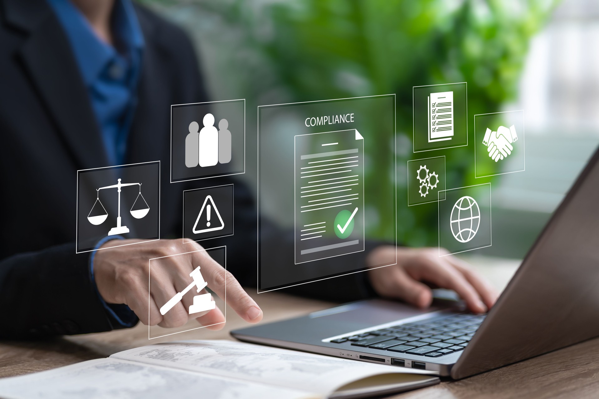 Business Compliance, Ethical Practices, Businesswomen check document, and Audit business internal organization, financial services regulation, Examination Regulation Adherence, Risk Management